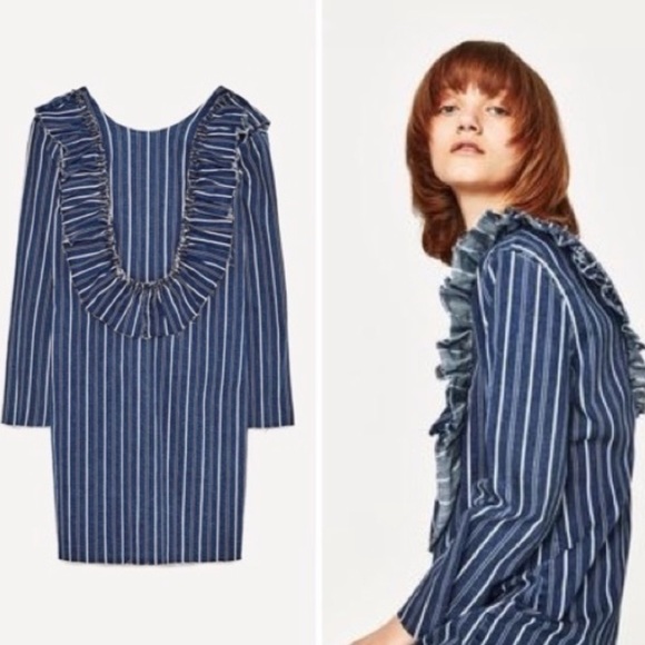 Zara Denim Striped Fringe Bib Long Sleeve Mini Dress Size XS - Picture 2 of 9